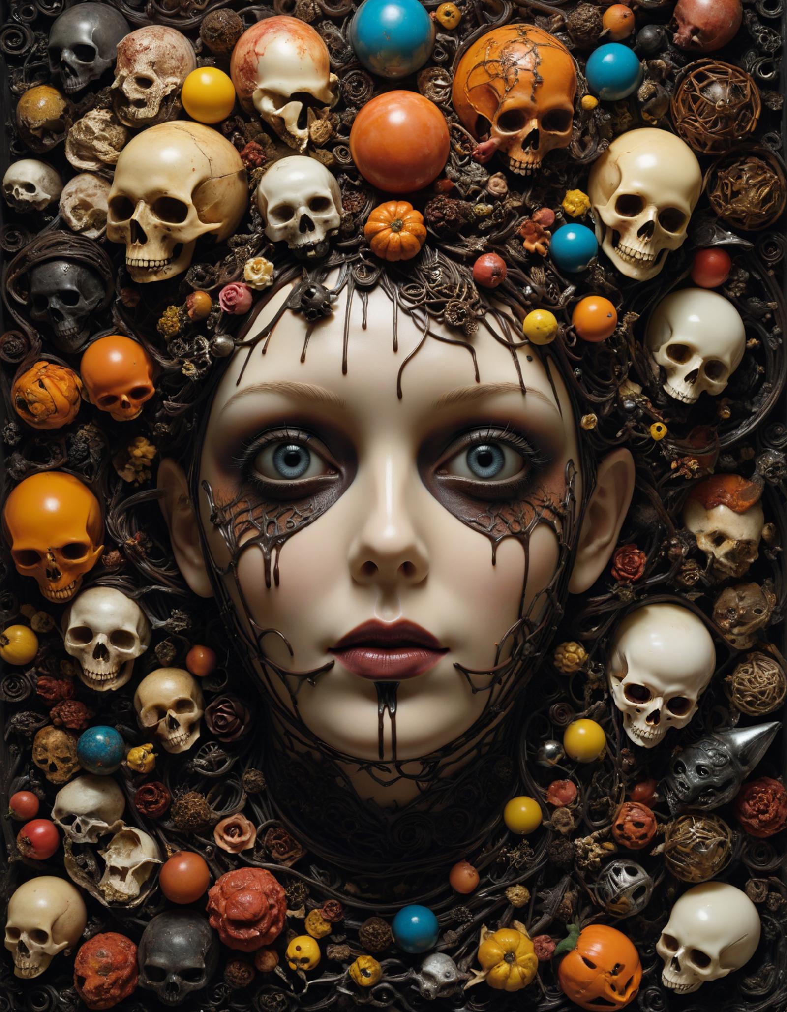 Skulls and Bones Surround a Woman's Head in an Artistic Display