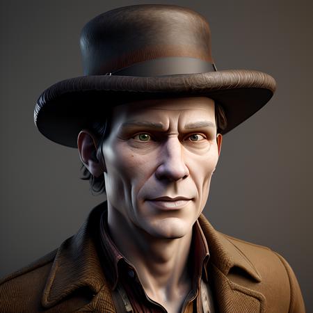 Male, 37, Caucasian, Artistic, Bowler Hat, Canvas Smock, Painter, Messy Bun, Brown hair
complex 3d render ultra detailed photo of face, beautiful studio soft light, rim light, vibrant details, hyper realistic, anatomical, facial muscles, ((dark background)), octane render, Wild West ,<lora:more_details:0.4>