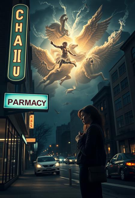 On a nighttime street corner, illuminated by a cold fluorescent pharmacy sign, a woman clutches her purse, eyes scanning the shadows. Around her, the city buzzes with indifference—cars pass, windows glow, lives unfold. But above, in the overcast sky, a celestial war unfolds—gods and titans collide in swirling clouds of light and dust, their luminous bodies clashing with Renaissance drama. The contrast between the small, vulnerable figure and the cosmic battle overhead is sharply cinematic and allegorical. The composition draws the viewer between personal immediacy and mythic scale, inviting reflection on power, fate, and anonymity.