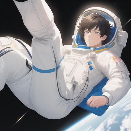 masterpiece, best quality, 1boy, floating in space, natural hair, masculine, muscles, wearing astronaut suit