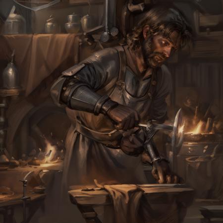 (masterpiece, best quality), seakaythree, medieval illustration, A blacksmith man hard at work forging a sword