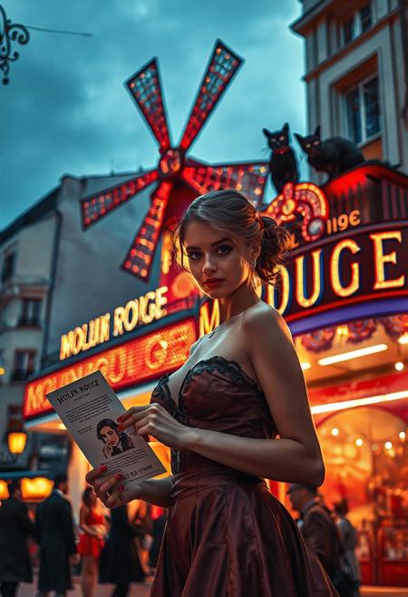 Setting is Paris 1890 in front of the Moulin Rouge Theatre, It is Dusk and the Moulin Rouge is lighting up the façade with a large extravagant sign lit by light bulbs. There are several beautiful women in front of the theatre dressed in period appropriate 1890's sexy French Burlesque bustier and skirts, their cleavage is on display to lure customers as they pose to attract the well dressed French men walking by, All People are appropriate clothing for 1890 Paris, A sleek black cat with red collar sits on a nearby roof watching the scene. The focus is (((a beautiful woman, 24 years old, is standing in the foreground facing the viewer handing out a leaflet with the Moulin Rouge's likeness drawn upon it. Her eyes are beautiful and focused on the viewer, she has an expression of interested curiosity))), the woman is dressed in Sexy French Burlesque dress with abundant cleavage as she bends over to entice potential customers, her skirts are short enough to display her garter belt and hose. The woman's hair is elegantly tied up with a ribbon. Artistic French and Bohemian aesthetic, dynamic perspective, (((1890's Moulin Rouge scenery))). Epic image that elicits a feeling of wonder and awe,