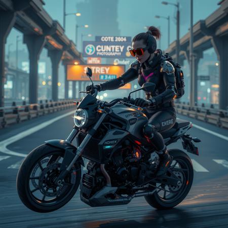 real estate photography style a cyberpunk girl with glowing cybernetic implants racing through a futuristic highway on a hover bike, blending high-tech functionality with aesthetic appeal. professional, inviting, well-lit, high-resolution, property-focused, commercial, highly detailed