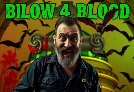 “Posaman, portrayed by Italian actor and comedian Lillo, is reimagined in a haunting, blood-drenched style, with his exaggerated, quirky poses taking on an eerie twist. Using Panavision Prime lenses, capture every detail of his expressive face, short beard, and casual-yet-confident demeanor, now with a dark, sinister edge. In the background, a massive Celtic cross looms against a pastel green dome, both streaked with dripping blood, while eerie, dark bats flap around erratically, casting unsettling shadows. His clothing, soaked in crimson splashes, adds hyper-realistic texture to the scene. At the top, the words ‘BLOW 4 BLOOD’ appear in massive green font with a pale shadow, hovering like a ghostly banner. His exaggerated, grotesque poses, surrounded by the chaos of flapping bats and blood, blend dark humor and horror, enhancing his macabre comedic style with chilling authenticity.”