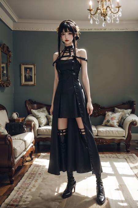 <lora:Yor_Briar:0.75>, cowboy shot,yor_briar, 1girl, sweet girl, bare arms, black short dress, ((two-sided dress)),(two-sided fabric), sidelocks, bare shoulders, bare arms, sleeveless, black hair, golden hairband, golden hair flowers,black thighhighs, black thighboots,  standing, (full body), indoors, living room, sofa, decorations, chandelier, book stack,