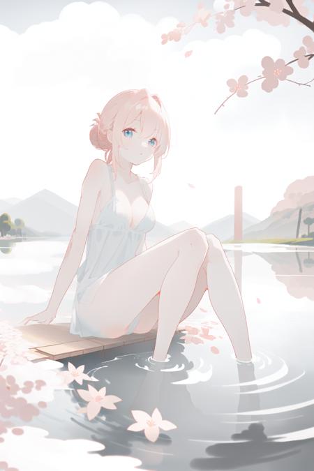 masterpiece, best quality, ultra-detailed, illustration, 1girl, solo,((sitting in the shallow water, surrounded by pink sakura petals floating on the water)), butterfly, wisteria, electricity, blue sky, cloudy sky,(large breasts), ((eye focus)), expressionless, critical angle, bokeh, depth of field, ((eye focus)), light glowing particles, arms behind back,