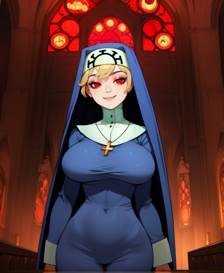 Double,short blonde hair,solo,smiling,glowing  red eyes,
blue habit,cross necklace,long sleeves,nun,skin tight,
standing,
red lights,church,
(insanely detailed, beautiful detailed face,masterpiece, best quality) church,<lora:Double-12SG:0.8>,