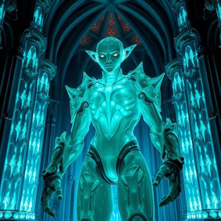 Masterpiece 5 protozoa/humanoid, bioluminescence translucent  body, with no ears and no nose, 32k, 16k, 8k, masterpiece, cinematic art, Kaiju bioluminescence translucent armor, standing inside a bioluminescence translucent cathedral,