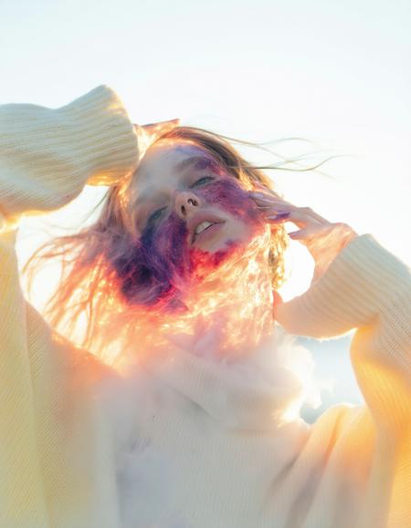 windswept brunette, alabaster skin, fractured by crystalline sugar highlights, swirling inky chaos, yellow wool jumper against liquid gloss.
Impasto oil textures; molten sugar crystallizes on her collarbone. mist clings to her silhouette, dissolving into fractal patterns.
Suspended ink droplets — crushed lavender-red streaks.
Bruise-toned gradients clash with ethereal pastels, depth amplified by anamorphic lens distortion. volatile metamorphosis.

