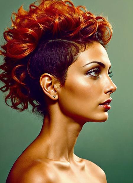 portrait of sks woman by Flora Borsi, style by Flora Borsi, bold, bright colours, orange Mohawk haircut, ((Flora Borsi)), <lora:locon_morena_v1_from_v1_64_32:1.4>