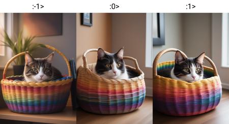the image captures a cozy scene featuring a cat comfortably nestled within a vibrant, rainbow colored woven basket. the basket is placed in the corner of a room and is partially concealed by a black desk chair. the cat, with its mix of white and brown fur, is peeking out from the basket, giving off an air of curiosity as it gazes directly at the camera. the overall composition of the image exudes warmth and tranquility, inviting viewers to appreciate the simple yet heartwarming moments shared between pets and their homes., dan mumford paint, inspired by dan mumford, in the art style of dan mumford, digital illustration<lora:detailer-xl:-1>,