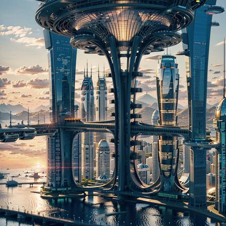 skyscraper, (cenital angle), sci-fi city, sunset, ((by Iwan Baan)), <lora:XSArchi_127:0.75>