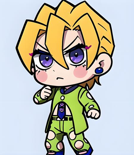 fugo,  1boy,  tie,  purple eyes,  cute,  green suit,  clothing cutout,  solo,  navel,  simple background,  nomura tetsuya,  blonde hair,  thin waist,  stud earrings,  young,  teen,  blushing,  pose, Chibi,<lora:EMS-247136-EMS:0.900000>,<lora:EMS-78061-EMS:0.500000>