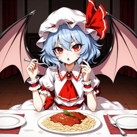 Remilia Scarlet, The image is an illustration of a girl with light blue hair and red eyes and large bat wings on her back. 