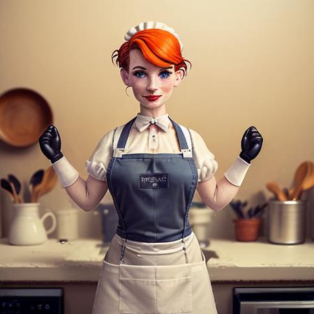 <lora:microworld128fp16:1> (microworld:1.4) portrait of a pole, undercut hair, maid, freckles, apron, big breast, amazing body, pronounced feminine feature, legwear suspenders, kitchen, close up, skin covered by flour