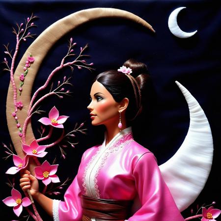 cs-l3ath3r, Masterpiece, High Details, HD, 8K, Photorealistic, perfect, High Quality, a woman, asian, black hair, brown eyes, flowers patterns, hair bun, hair ornament, moon, night, outdoors, Pink and white hanfu