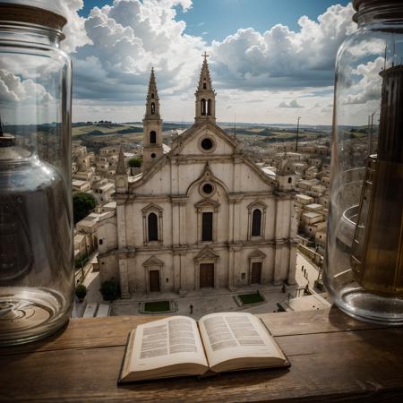 documentary photo of the Cathedral of Matera (church) with its bell tower, a small church on top of a hill, clouds in the sky, inside a square glass jar with lid, placed on a wooden table, extremely detailed, 8K, apocalyptic punk style, miniatures, macro photography in close-up