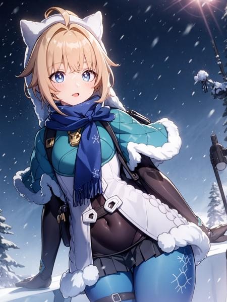 (extremely detailed CG), (best quality), 1girl, perfect face, absurdly long hair, bright pupils, (finely detailed beautiful eyes), shiny skin, lustrous skin, wide hips, narrow waist, Lynx Landau, scarf, fur trim, winter clothes, fur-trimmed capelet, print pantyhose, pom pom (clothes), backpack, fur-trimmed boots, white headwear, panoramic view, mountainous horizon, snowing,  <lora:LynxLandau:0.7>