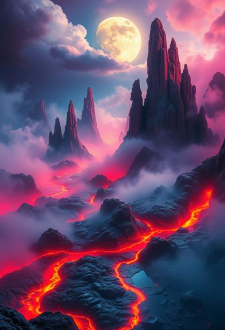 Envision a dreamscape where vibrant colors and surreal elements collide in absurdly high resolution. Boiling rivers, glowing in fiery reds and oranges, weave through a fantastical landscape. The steam rises from their surfaces, blending seamlessly with the deep purples and blues of the thick fog that melds with the clouds above, creating an ethereal atmosphere.
Towering, natural rock spires, painted in rich, earthy hues, reach up to cradle a luminescent moon that casts an otherworldly glow. These ancient formations, with their intricate textures and weathered details, appear both majestic and surreal, as if holding up the heavens themselves.
Every element is depicted in incredible detail—the boiling water, the swirling mist, the rugged spires—each rendered with a vibrancy that almost defies reality. The scene pulses with life, where the absurdly high resolution brings out every nuance of color and texture, creating an overwhelming sense of surrealism in a world that teeters between fantasy and reality.