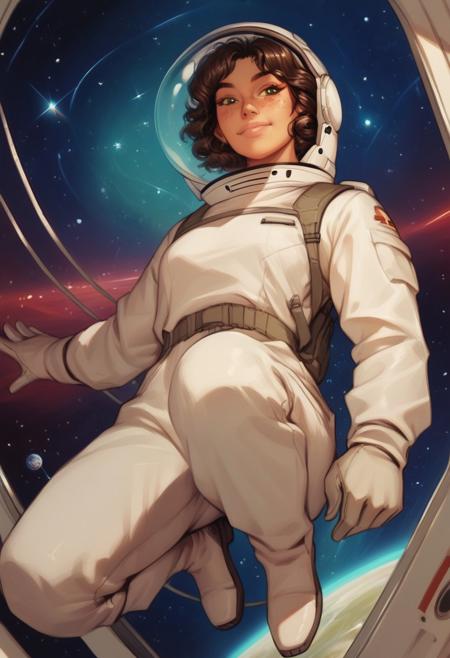score_9, score_8_up, score_7_up, score_6_up, solo, detailed background, Semi-realism, PRSNL4 Style, very aesthetic, digital drawing, g0th1c, painterly, brushstrokes, detailed, dynamic angle, girl, dark skin, tanned, brown hair, fluffy curls, green eyes, freckles, moles, beauty mark, smile, astronaut, helmet, space helmet, astronaut helmet, looking at viewer, beautiful, white boots, gloves, floating in space, floating, hovering, BREAK nebula in background, space, detailed background, warm colors, detailed shading, masterpiece, high quality, insane details, from below, retro