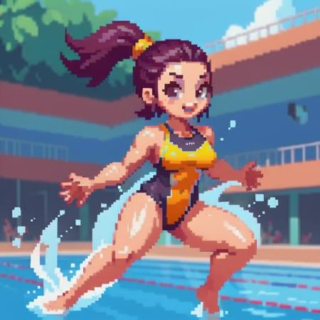 Create an image of a cartoon-style, athletic female swimmer with a full figure. She has a vibrant and dynamic pose, capturing the essence of strength and agility. Her swimwear is colorful and stylish, fitting well with her sporty, curvaceous physique. The background is a lively, animated pool setting, complete with bright water effects and playful reflections. Emphasize on a cheerful and confident facial expression, with exaggerated, lively features typical of cartoon game characters, <lora:pixelgirl:0.75>