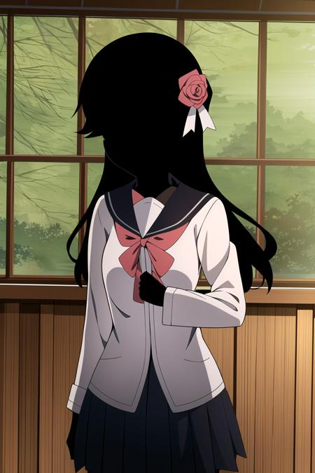 1girl, masterpice, high quality, high detailed, (solo), hair ribbon, (((black skin))), hair flower, black hair, long hair, , kate, <lora:kate-08:0.7>, ((black face)), ((no eyes)), (room), (school uniform), (medium breasts), looking at viewer,