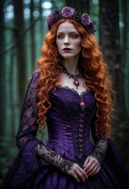 A captivating, cinematic photo of elegant beautiful woman age 42 with long curly orange hair and freckles  transformed into a dark fantasy vampire goth queen. She is dressed in an exquisite, dark purple and pink Victorian dress adorned with intricate lace and patterns. Her long orange hair flows elegantly, and her eyes are a striking shade of purple. A matching purple headband enhances her look. The background is filled with a mystical, moonlit forest, creating an atmosphere of supernatural enchantment., dark fantasy, photo, cinematic