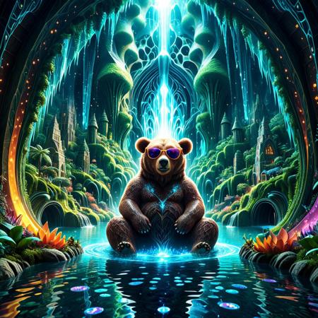 asymmetric,  angled cinematic view of (a colossal bear wearing sunglasses) sitting in an organic city rising from a subterranean lake, waterfall, voronoi architecture, suggestive foliage, a weird organic world, fever dream, fantasy setting, sparkle, kwai, comedy, cute, detailed light, complex reflection, cinematic lighting, hard shadows, haze, hazy atmosphere, flowing curves, precision, colorful, fractal geometry, harmonic interference, digital illustration, photo manipulation, altered realities, fantastical scenes, digital artistry, striking visuals, soft focus, detailed background, (masterpiece, best quality, absurdres), tearStyle2