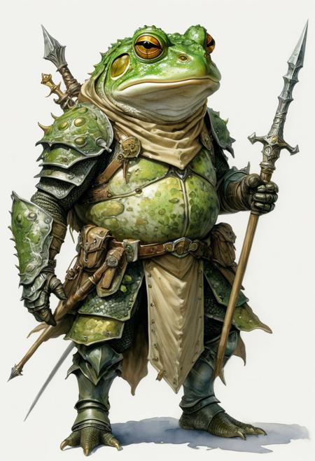 toad fantasy warrior, green toad, toad in armor, plate gloves, armed gloves, armed with spear, magical toad, line art, watercolor wash, simple background, white background, stand, approaching perfection, pure form, golden ratio, minimalistic, concept art by Brian Froud and Carne Griffiths, intricate details, 8k post production, high resolution, hyperdetailed, trending on artstation, sharp focus, studio photo, intricate details, highly detailed, by greg rutkowski<lora:xl_more_art-full_v1:0.5>
dungeon and dragon, fantasy, detailed_eye_model
unfinished,