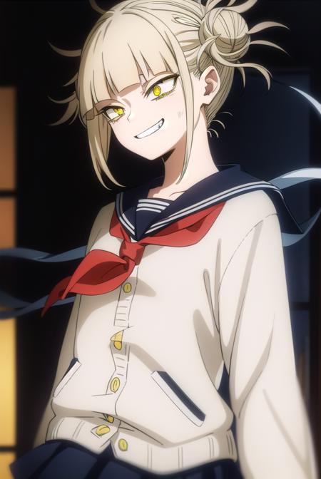 togahimiko, <lora:himiko toga s5-lora-nochekaiser:1>,
himiko toga, (toga himiko:1.2), bangs, blonde hair, (yellow eyes:1.5), blunt bangs, hair bun, double bun, messy hair, smile, grin, teeth,
BREAK skirt, long sleeves, school uniform, pleated skirt, shoes, serafuku, socks, sailor collar, blue skirt, neckerchief, kneehighs, brown footwear, cardigan, black socks, loafers, red neckerchief, yellow cardigan,
BREAK indoors, classroom,
BREAK looking at viewer, (cowboy shot:1.5),
BREAK <lyco:GoodHands-beta2:1>, (masterpiece:1.2), best quality, high resolution, unity 8k wallpaper, (illustration:0.8), (beautiful detailed eyes:1.6), extremely detailed face, perfect lighting, extremely detailed CG, (perfect hands, perfect anatomy),