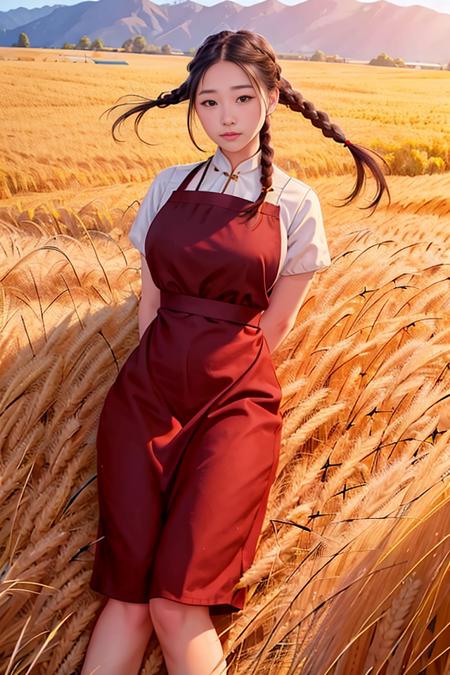 <(realistic:1.3), intricate details>, 1girl,full body,legs,wheat field,  braided bangs,braided ponytail,(solo:1.2),apron,thick thighs,side-tie panties, balck hair, 16yo,(on back:1.2),(cungu:1.2) ,<lora:cungu:1> ,red dress