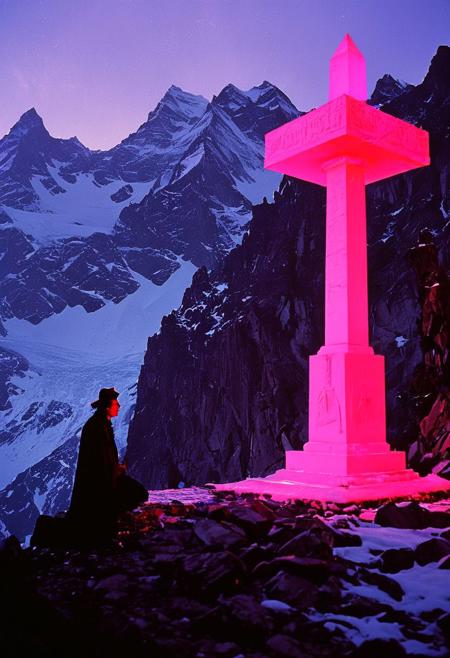The summit of a snowy mountain, reached only by the most devoted. A stone platform overlooks the world below, where rituals are held to call upon the power of the wind and sky, surrounded by towering ice formations., 
in the style of a vintage, high-contrast setting, capture the essence of a campy and sensual satanic ritual. Emphasize theatrical elements with bursts of bright colors against dark, moody backgrounds
,grim landscapes with vibrant exaggerated neon colorful art, 
, old 80's VHS dark fantasy, VHS screen grab, grainy, old footage