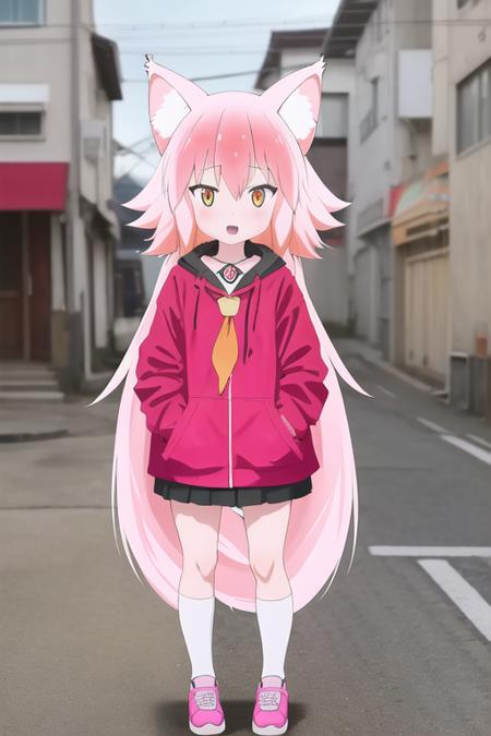 1girl, serafuku, street background, little girl, animal ears, wolf ears, wolf tail, full body, murenase, pink hair, orange eyes