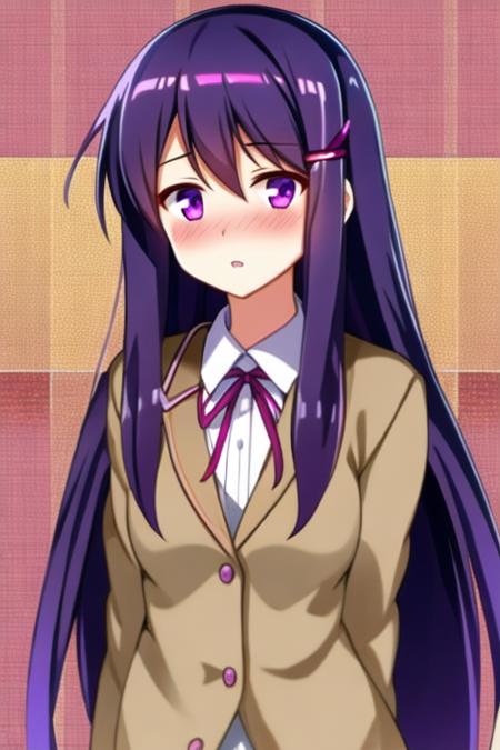 1girl, yuriddlc, solo, purple eyes, long hair, hair ornament, purple hair, hairclip, school uniform, blush, looking at viewer, jacket, parted lips, ribbon, hair between eyes, bangs, long sleeves, wide-eyed, school background, yandere