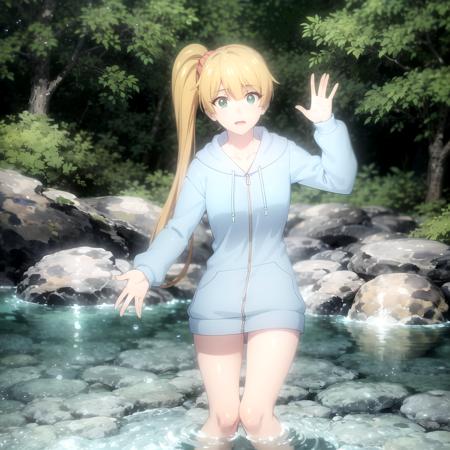 <lora:kirei_shinobi_v1(outall_resize-sv5):1> kirei_olis, 1girl, solo, long hair, blonde hair, side ponytail, green eyes, orange scrunchie, blue hoodie, splashing, wading, looking at viewer
BREAK
river, water, nature, forest, tree, rock