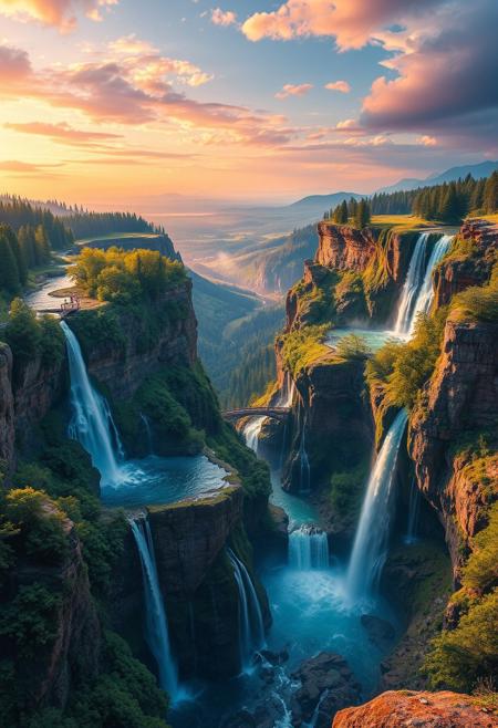 an intricate, impossible, vibrant and colourful photo-realistic landscape featuring a series of waterfalls that seem to defy gravity cascading into one another, and loop back upon themselves, set against a distant,  horizon of forests and mountains that fades into the upper atmosphere