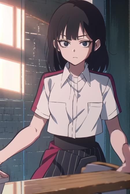 lingqiao, <lyco:lingqiao-LYCORIStest:1>, 
ling qiao, bangs, black hair, medium hair, (black eyes:1.5),
BREAK skirt, shirt, white shirt, short sleeves, collared shirt, black footwear, red skirt, sandals, pocket, long skirt, shirt tucked in, breast pocket,
BREAK looking at viewer,
BREAK outdoors, city,
BREAK <lora:GoodHands-vanilla:1>, (masterpiece:1.2), best quality, high resolution, unity 8k wallpaper, (illustration:0.8), (beautiful detailed eyes:1.6), extremely detailed face, perfect lighting, extremely detailed CG, (perfect hands, perfect anatomy),