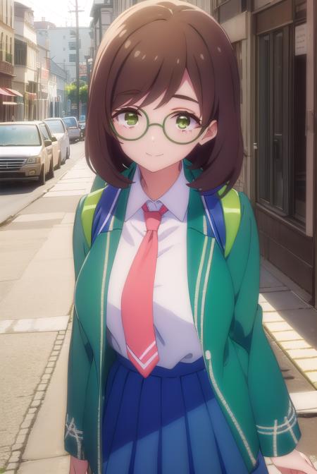 maimai yuzuriha, brown hair, (green eyes:1.3), glasses, medium hair, round eyewear, skirt, shirt, school uniform, jacket, white shirt, pleated skirt, necktie, blue skirt, red necktie, green jacket,