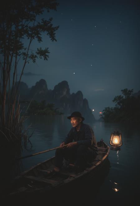 cinematic photo An old Yangshuo cormorant fisherman on his bamboo boat lit by a lantern fishing in the distant waters at night,zavy-cnmtc,photo,award winning photo,8k,orange and blue tones,35mm photograph,film,bokeh,professional,4k,highly detailed,BeyondSDXLv3,<lora:SLPDLX-V2:1>,