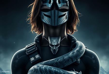 A close-up of a Winter Soldier, chest up, with human upper half and snake lower half, set against a dark, black sky, on a sanctuary in the sky with an Icepunk aesthetic, inspired by Kun Can's style, with a mask that resembles a Winter Soldier's mask, standing in an elegant pose with shoulder-length hair, rendered in a cinematic, high-definition style reminiscent of a digital painting by Goro Fujita and Simon Stalenhag, trending on Artstation and DeviantArt, created using Octane Render in 4K resolution with oil painting textures, in the style of Artgerm.