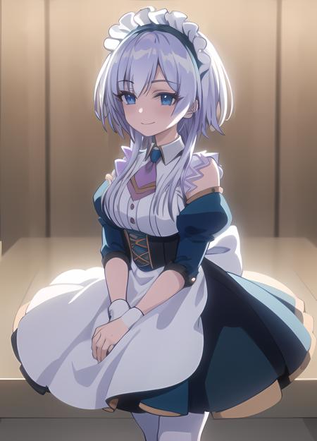 masterpiece, best quality, 1girl, <lora:ShirayukiHimeji:1>, Shirayuki Himeji, Yuki, 1girl, solo, looking at viewer, smile, blue eyes, maid, maid headdress