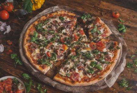 RAW photo, (pizza), home made pizza, fresh nasilic, fresh tomatoes, food photo, DSLR, very colorful, high quality, film grain, very detailed, intricate details, Fujifilm XT