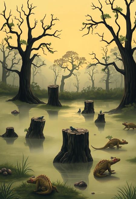 A stylized swamp at dawn filled with low-hanging mist, chunky tree stumps, and strange reptilian creatures with spiraled backs and small wings. The mist interacts with the landscape like a drifting veil, flattening depth. Natural colors paired with absurd biology, painterly structured wilderness with dreamlike atmosphere