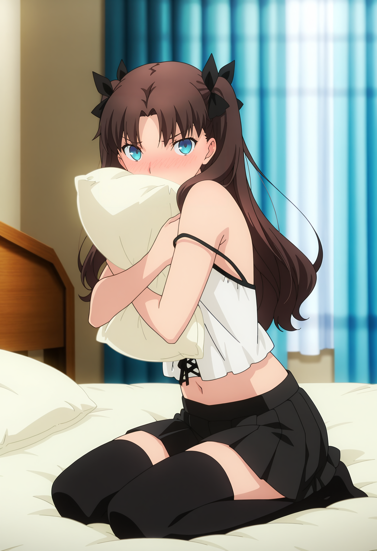 A young woman with long brown hair and blue eyes, kneeling on a bed. She is wearing a white, off-shoulder top and a black pleated skirt, with thigh-high black stockings. Her hair is adorned with black bows. She is clutching a white pillow close to her face, with a shy, blushing expression. The background shows a wooden headboard, white bedding, and blue curtains. 