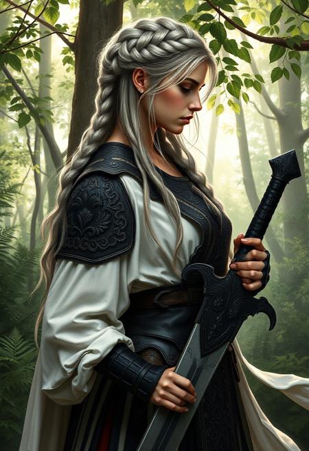 Photorealistic portrait, young woman warrior, side profile, solemn expression. Long silver-gray hair, intricately braided crown, flowing loose strands. Pale skin, delicate features, downcast eyes. White flowing shirt with loose sleeves. Black ornate armor on chest and shoulder, detailed with intricate floral patterns. Wide black and brown leather belt. Long white cloak with elaborate embroidered patterns.
Massive two-handed sword, black hilt with ornate crossguard, long straight blade. Hands gripping sword hilt, wearing dark armored gloves.
Forest background, dappled sunlight filtering through leaves. Lush greenery, ferns, and foliage surrounding figure. Soft, ethereal atmosphere.
Muted color palette, predominantly whites, blacks, and earth tones with hints of green. Painterly style reminiscent of detailed fantasy illustration.
Lighting: Soft, diffused light from above, creating gentle shadows and highlighting textures of armor, fabric, and foliage.
Mood: Melancholic, contemplative atmosphere. Blend of strength and vulnerability in the character's posture and expression.