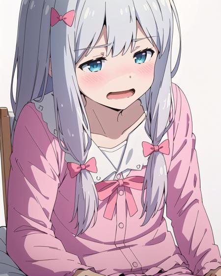 detailed,masterpiece,ultra-detailed,solo,(1boy),(white background:1.3),izumi_sagiri,bow, pink_bow, long_hair,silver hair, pajamas, hair_bow, blush, collarbone, open mouth,sitting, full_body,