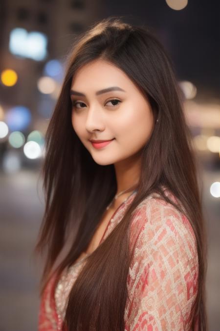 a photo of a 20-year-old woman, stylish, professional portrait, head-shot, slight smile, cute, night street background bokeh,hasselblade camera, 85mm lens,detaid fase, sharp focus on face,  kajalcha <lora:kajalcha-000001:1>