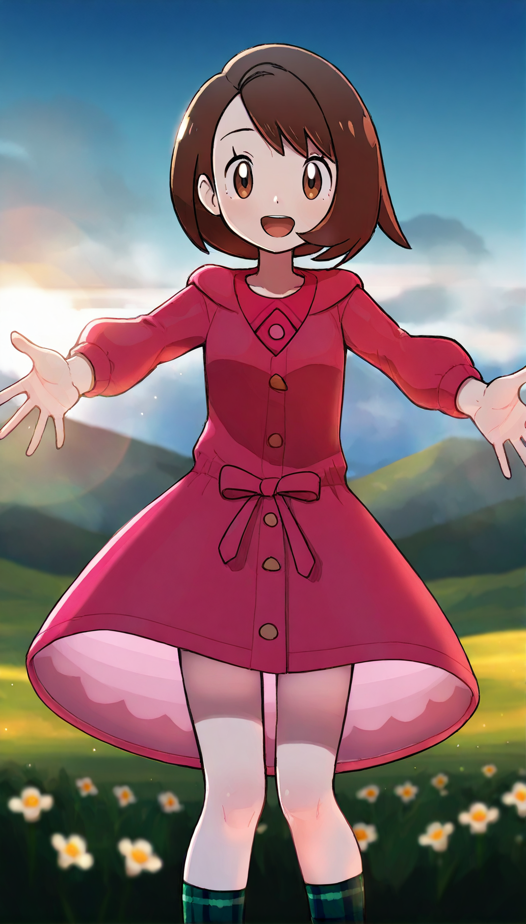 A girl with short, brown hair and brown eyes standing in a meadow of white and yellow flowers at sunset, smiling with her arms outstretched. She is wearing a pink dress with long sleeves adorned with a large bow at the waist, and knee-high socks with a green and blue plaid pattern. The background has rolling green hills under a sky transitioning from blue to orange hues as the sun sets. 