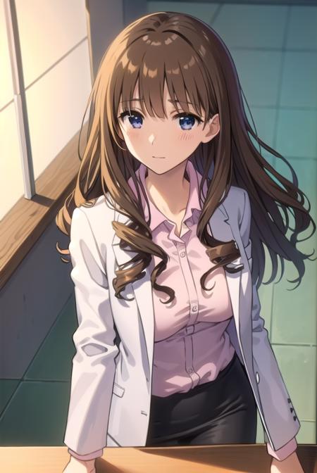 taeanegasaki, <lora:tae anegasaki s2-lora-nochekaiser:1>,
tae anegasaki, long hair, brown hair, (light brown hair:1.2) drill hair, (black eyes:1.5), bangs, blunt bangs, smile,
BREAK labcoat, shirt, (pink shirt:1.2), collared shirt, skirt, pencil skirt, black skirt, (white labcoat:1.2),
BREAK indoors, classroom,
BREAK looking at viewer, (cowboy shot:1.5),
BREAK <lyco:GoodHands-beta2:1>, (masterpiece:1.2), best quality, high resolution, unity 8k wallpaper, (illustration:0.8), (beautiful detailed eyes:1.6), extremely detailed face, perfect lighting, extremely detailed CG, (perfect hands, perfect anatomy),