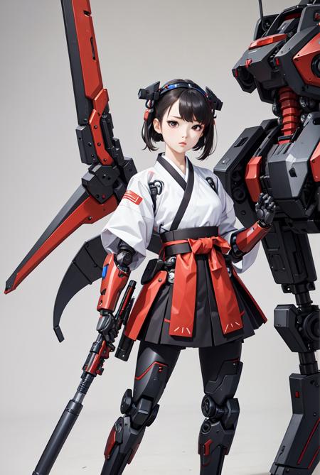 best quality, high_resolution, distinct_image, detailed background ,hanbok,fused robot,girl,holding weapon,mecha musume:0.5, in factory,exoskeleton,